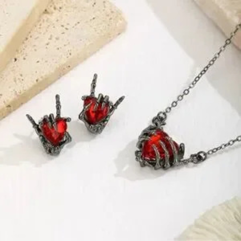 Black Gun Metal Rhodium Skeleton Hands Heart Necklace & Earrings Halloween Goth